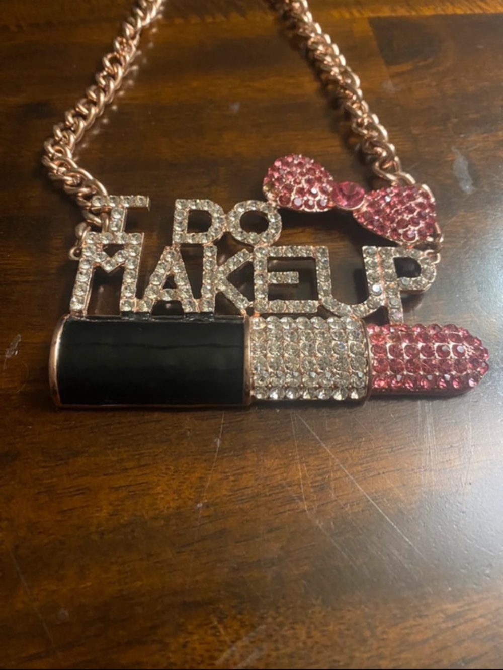 Crystal 'I Do Makeup' Lipstick Pendant Necklace - Pink & Black